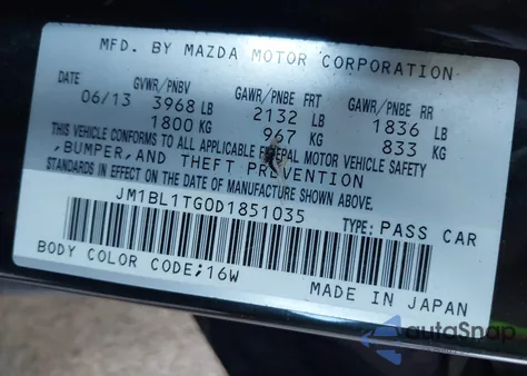 2013 Mazda Mazda3 I Sv from USA, damaged, VIN JM1BL1TG0D1851035